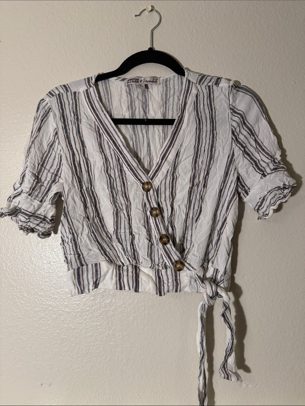 Gypsies & Moondust White Striped Wrap Crop Top with Side Tie